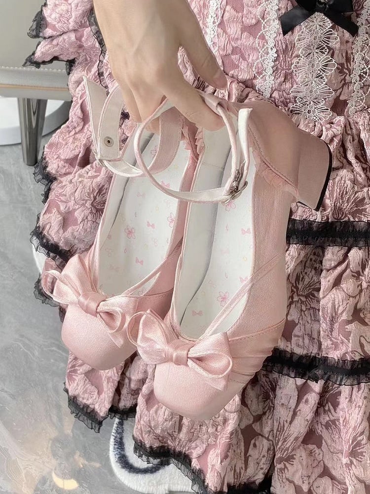 Pink Elegant Bow at Top Mary Janes With Dual Detachable Buckle Ankle Straps