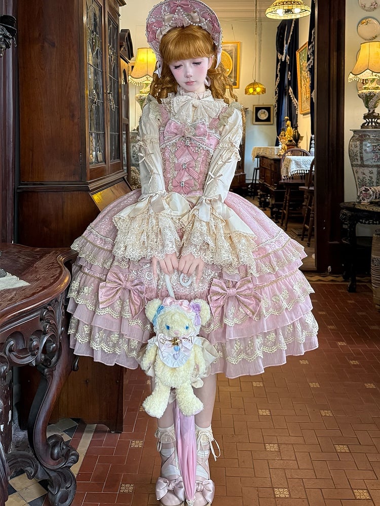 Pink Flower Bead Chain Bow Neckline Gorgeous Princess Lolita Dress