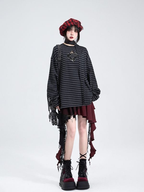 Lace Panel Irregular Hem Plaid Skirt Black and Red/Black and Pink Music Festival Outfits