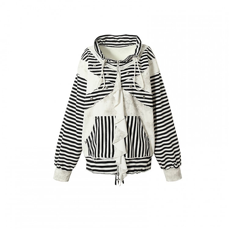 Black&White Stripe/Grey Rose Pattern Jacket with Flounce Hem