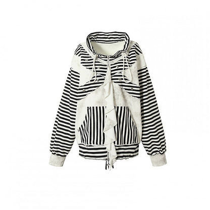 Black&White Stripe/Grey Rose Pattern Jacket with Flounce Hem