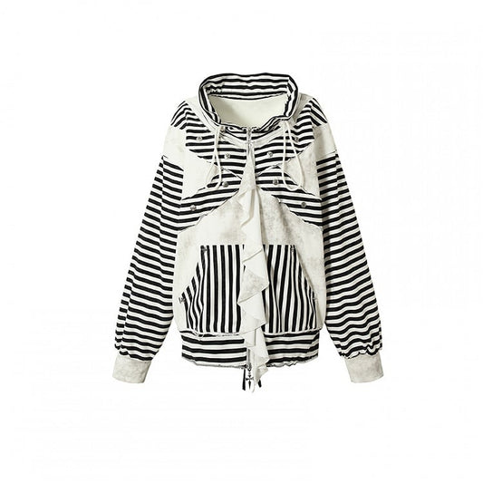 Black&White Stripe/Grey Rose Pattern Jacket with Flounce Hem