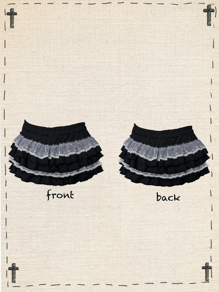 Gothic Black/White Elastic Waist Tiered Cross Lace Trim Bloomers Skort
