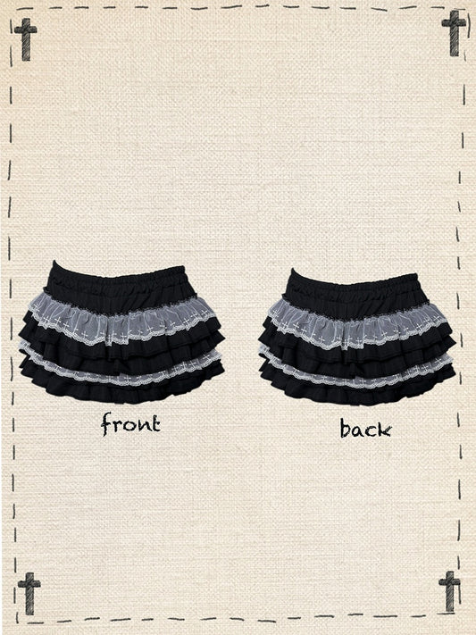 Gothic Black/White Elastic Waist Tiered Cross Lace Trim Bloomers Skort