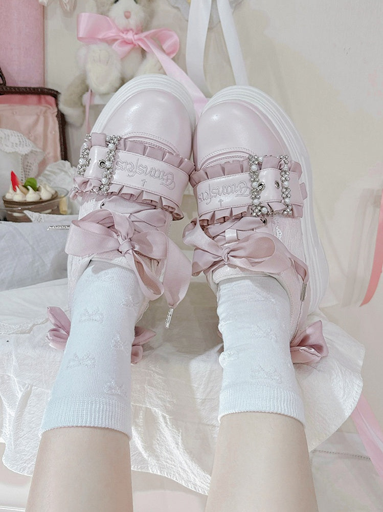 Pink Bow Accents Beaded Buckle Design Jirai Kei Platforms Shoes