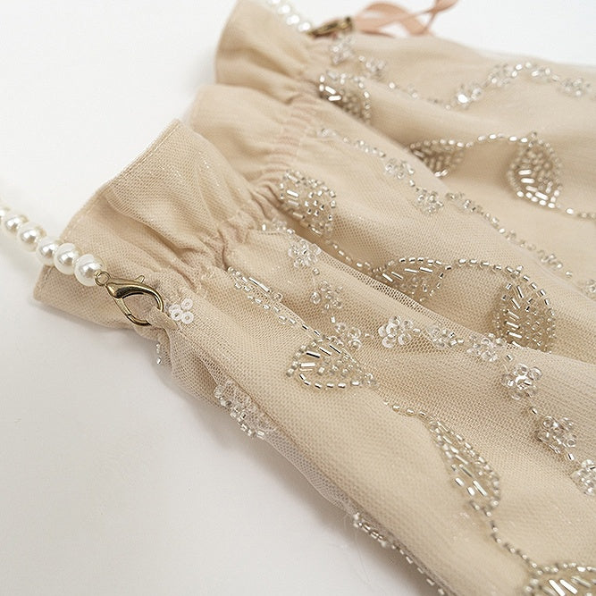 Beaded Leaves Design Tassel Hem Beige Handbag