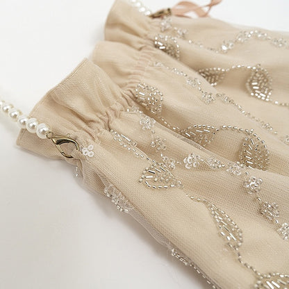 Beaded Leaves Design Tassel Hem Beige Handbag