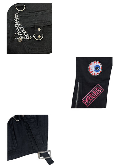 Skull and Chains Decorated Black Zips Design Punk Jeans