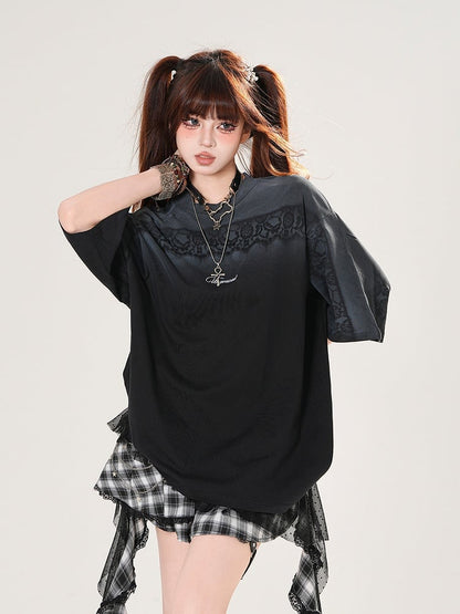 Gradient Black/White Round Neck Loose T-shirt