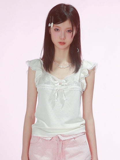 Bowknot Details White Flutter Sleeves Top