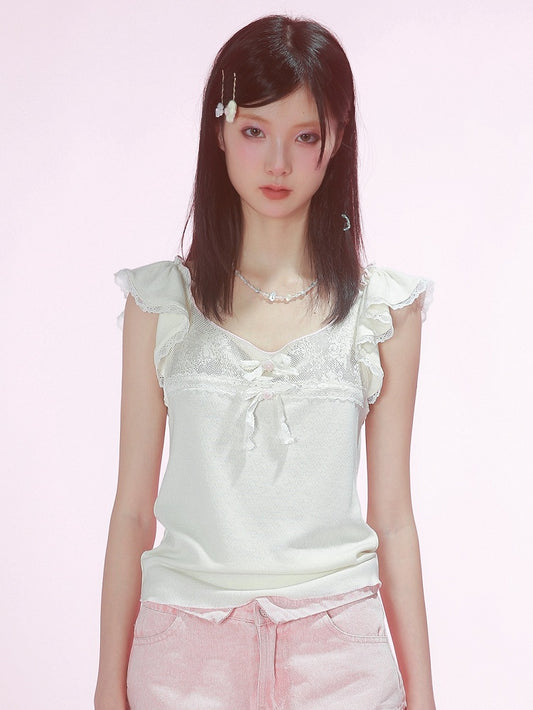 Bowknot Details White Flutter Sleeves Top