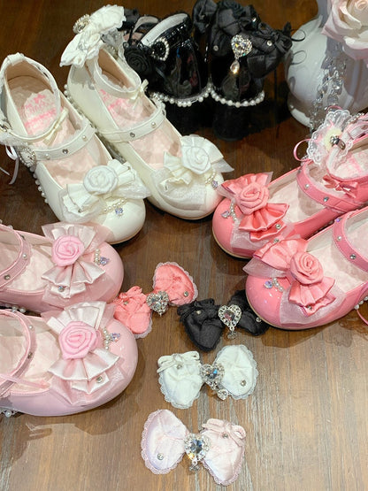 Elegant White Lolita Wedge Mary Janes - Detachable Rose Details with Bow Accents & Beads Decor