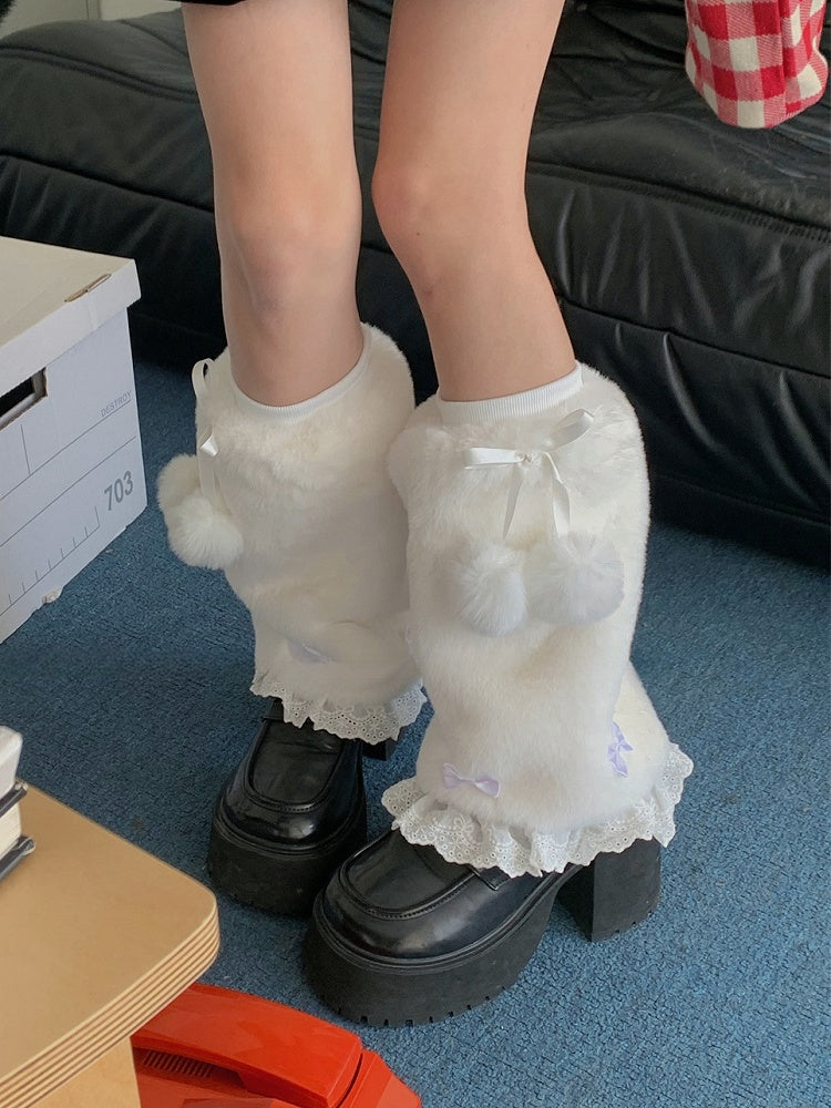 White Sweet Bowknot Lace Trim 20CM/30CM Plush Leg Warmers With Pompons