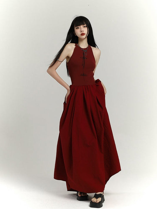 Gothic Wine Red High Waist Cross Print Sleeveless Dress