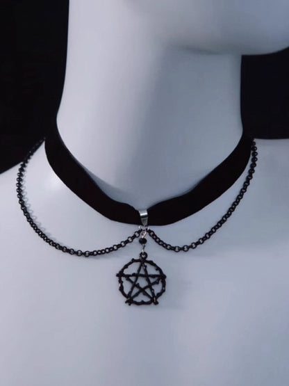 Gothic Pentagram Pendant Black Velvet Choker with Chains