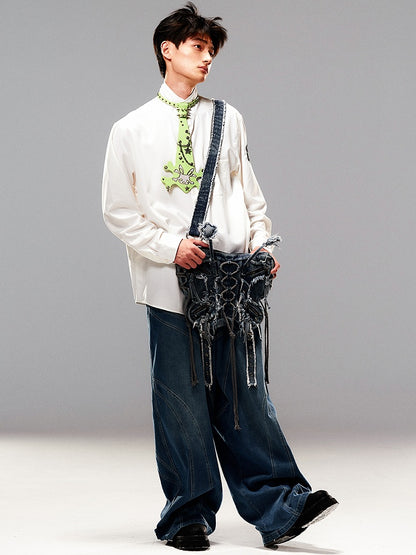 Blue Butterfly Frayed Hem Denim Bag