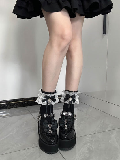 Jirai Kei Black Bowknot and Heart Rhinestone Decoration White Lace Cuffs Cotton Ankle Socks
