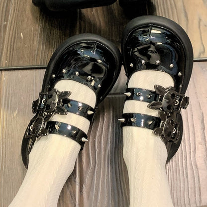 Skeleton Bunny Buckles Polished Black Punk Mary Janes