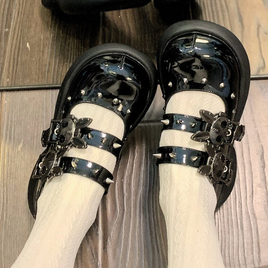Skeleton Bunny Buckles Polished Black Punk Mary Janes
