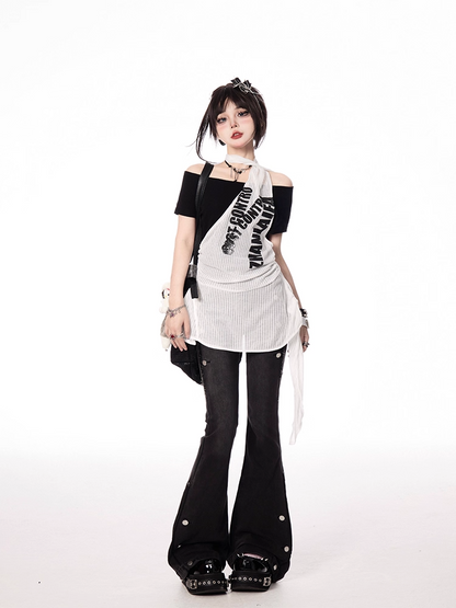 Y2K Black and White Letter Print Two-pieces Halter T-shirt
