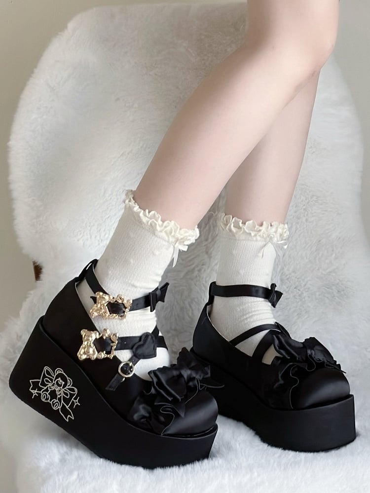 Black Bear Buckle Straps Bowknot Platform Shoes with Bear Embroidery