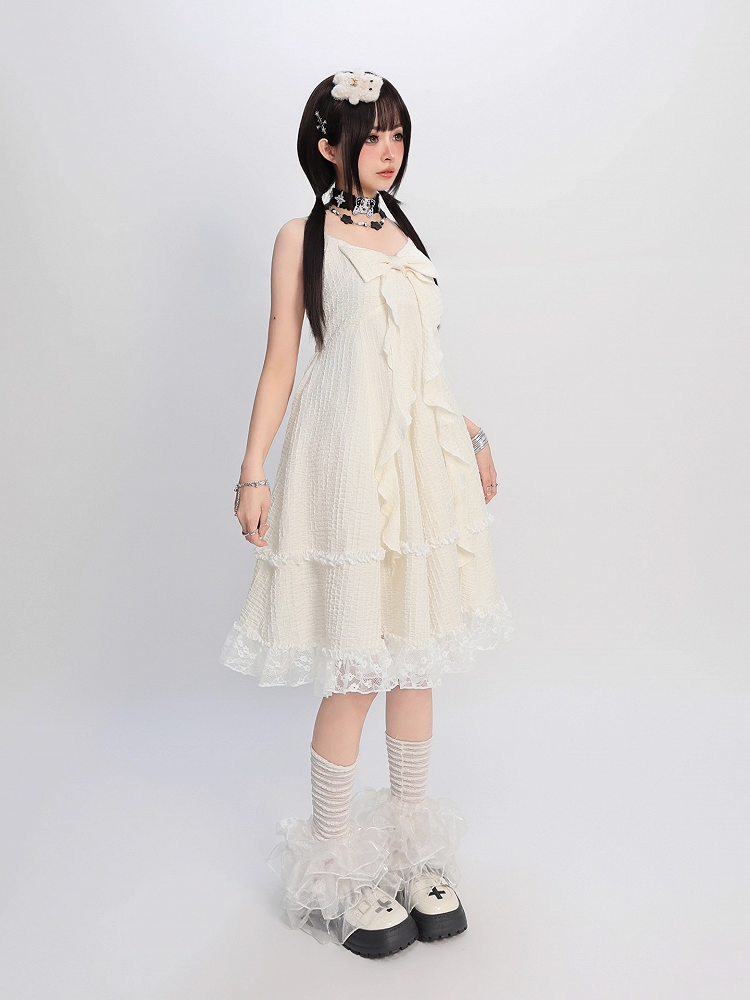 Apricot Big Bow Neckline Lace Trim Cami Dress Bubble Skirt