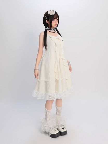 Apricot Big Bow Neckline Lace Trim Cami Dress Bubble Skirt