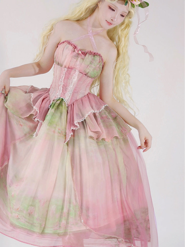 Light Pink Fairy Oil Painting Print Tiered Flounce Hem Halter Boned Corset Top