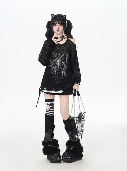 Butterfly Print Cutout Shoulder Lace Trim Black/Beige Knit Coverup