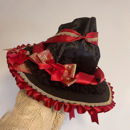 Wine Red/Green Bowknot Details Witch Hat