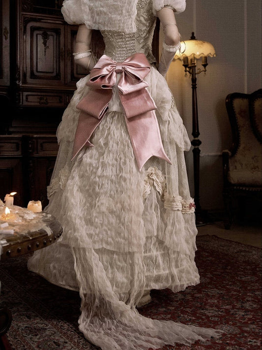 Cream Vintage Train with Detachable Big Pink Bow