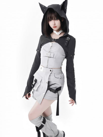 Gray Futuristic Zip and Buckle Strap Front Strapless Top