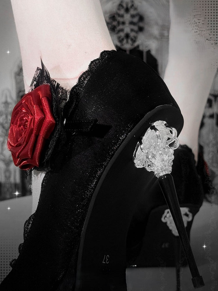 Black Gothic Floral Decorated Pointed Toe Satin High Heels