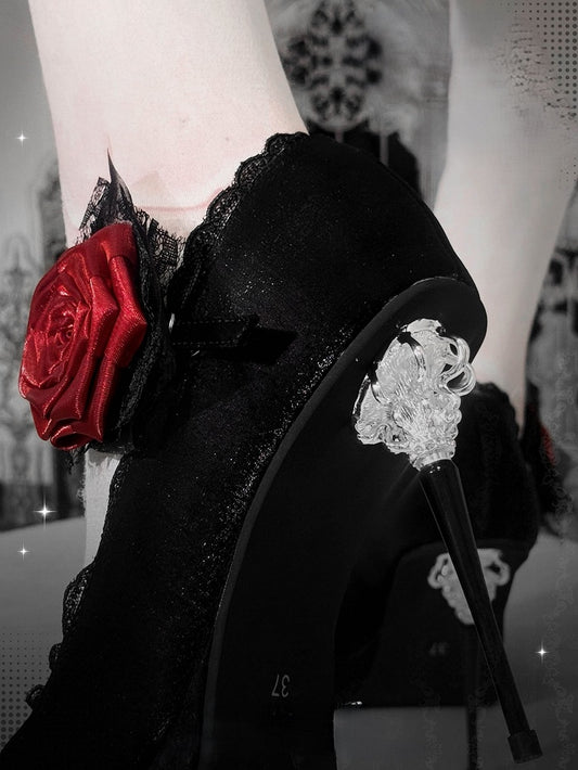 Black Gothic Floral Decorated Pointed Toe Satin High Heels