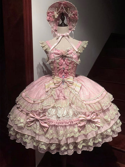 Pink Flower Bead Chain Bow Neckline Gorgeous Princess Lolita Dress