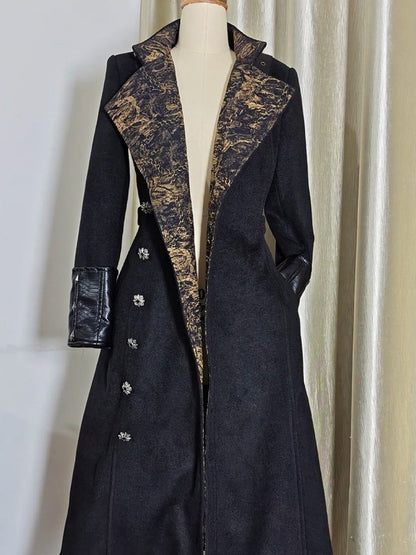 Ouji Fashion Black Leather Cuffs Gothic Lolita Woolen Coat with Golden Inner Lining