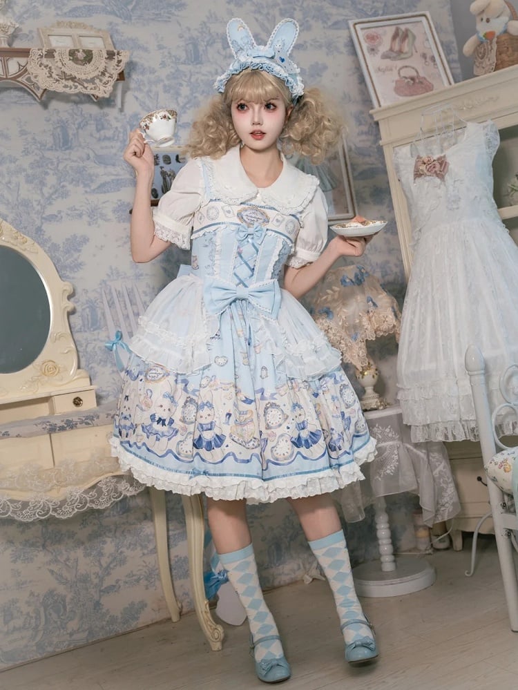 Bunny and Clock Print Alice Blue Sweet Lolita Dress