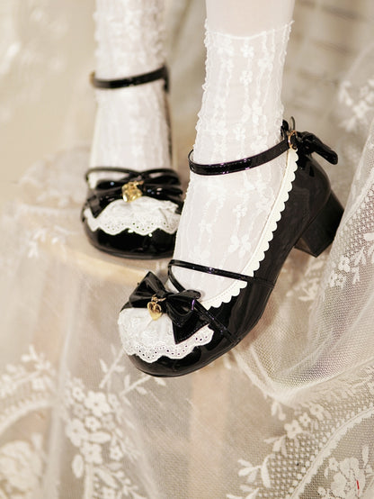 Black Heart Charm Bow at Top Lace Trim Crisscross Design Lolita Shoes