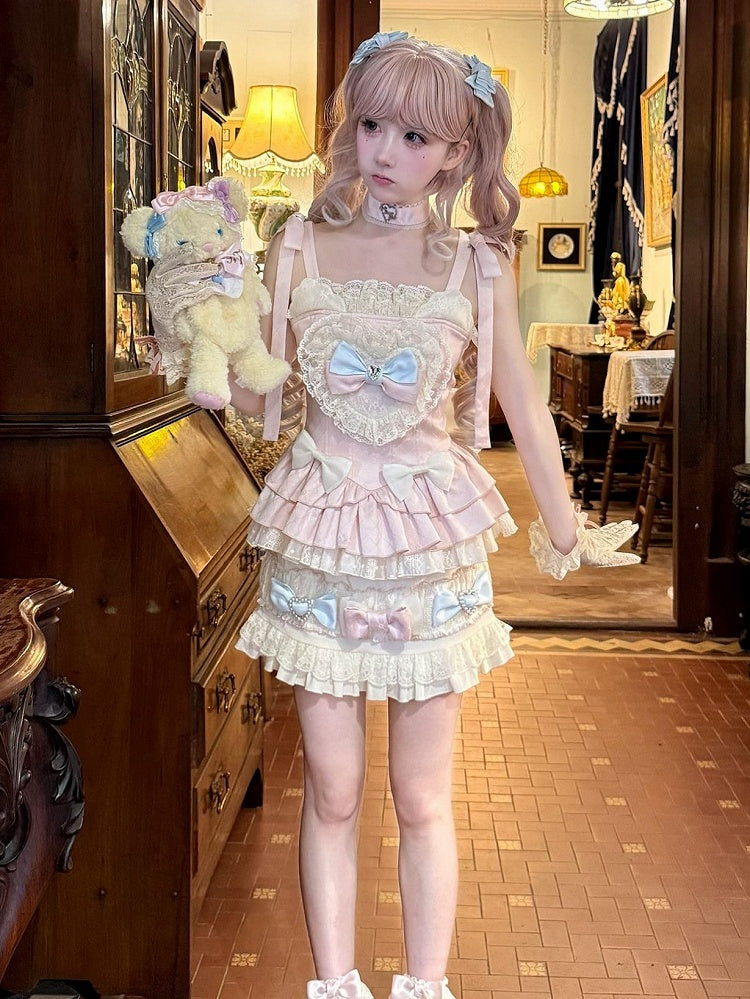 Pink and Blue Bow Accents Sweet Lolita Full Set - Cami Top + Skirt + Puff Sleeves Cropped Top