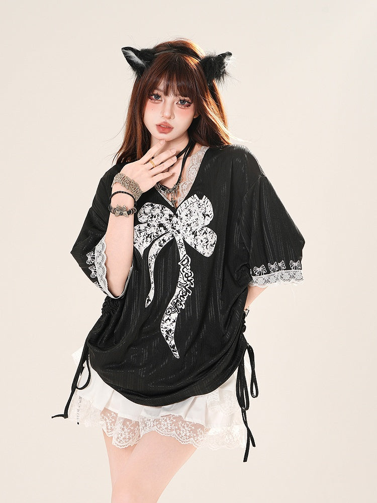 Big Bow Print Lace Trim Drawstring Side Black/White V-neck T-shirt