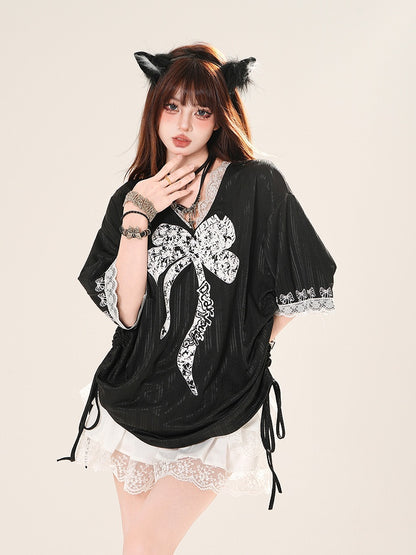 Big Bow Print Lace Trim Drawstring Side Black/White V-neck T-shirt