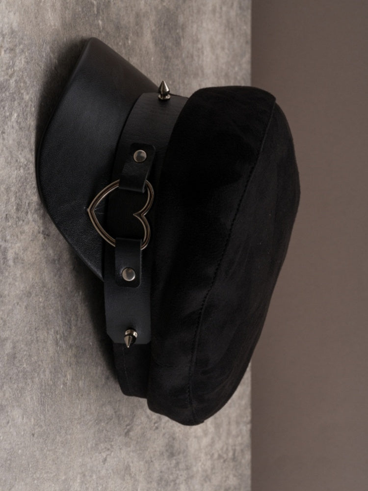 Black Gothic Heart Ring Studs Details Beret Hat