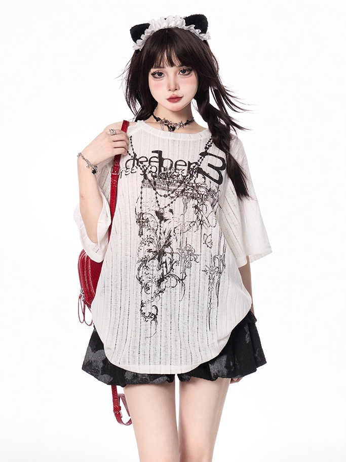 White Self-tie Lace Straps Cutout Shoulder T-shirt Loose Graphic Coverup