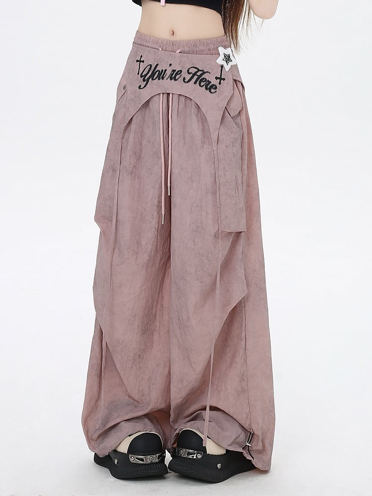 Dusty Pink Drawstring Waist Wasteland Punk Pants with Asymmetrical Waist Accessory