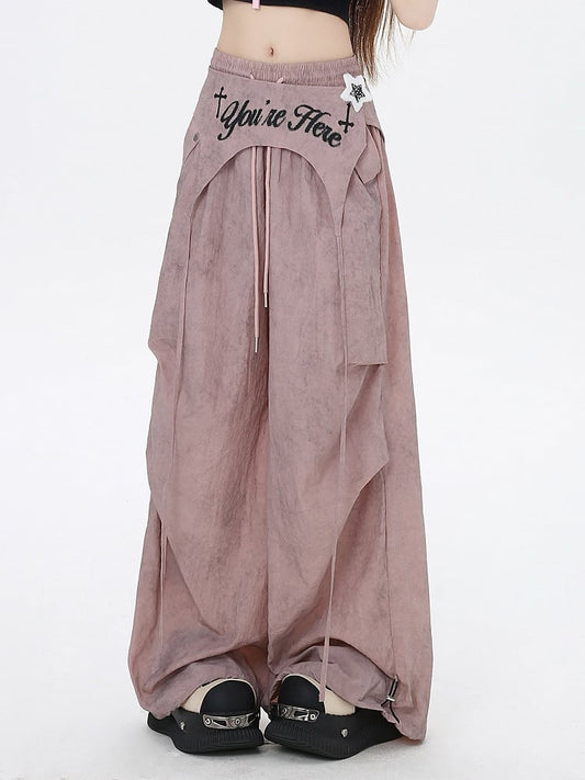 Dusty Pink Drawstring Waist Wasteland Punk Pants with Asymmetrical Waist Accessory
