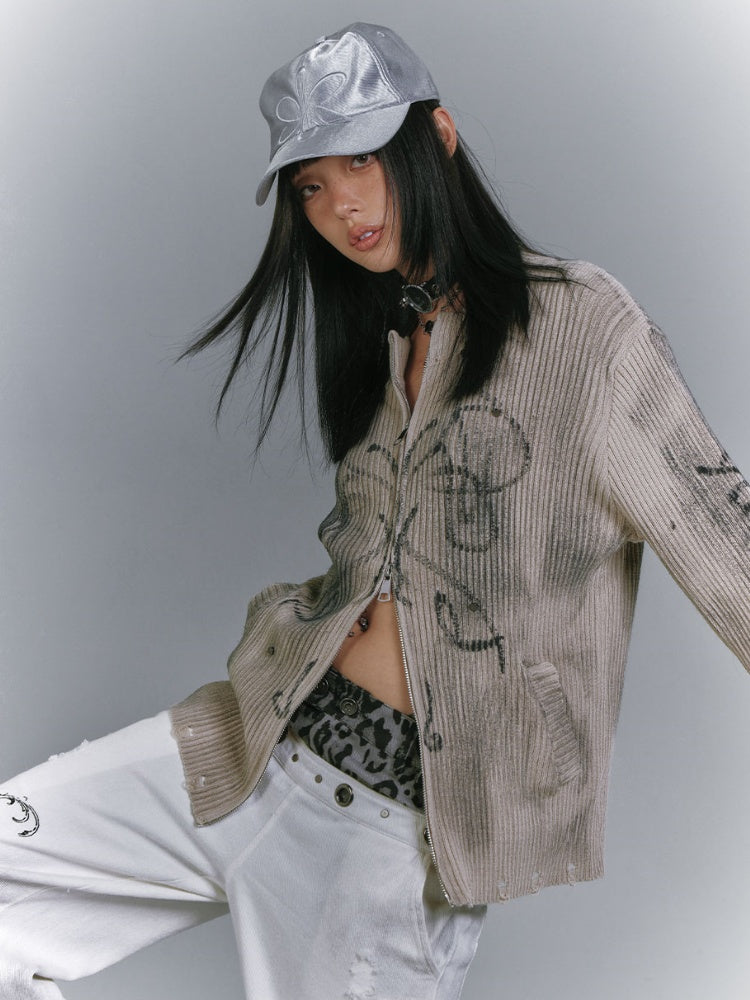 Wasteland Punk Khaki Two-Way Zip Placket Distressed Knitted Sweater