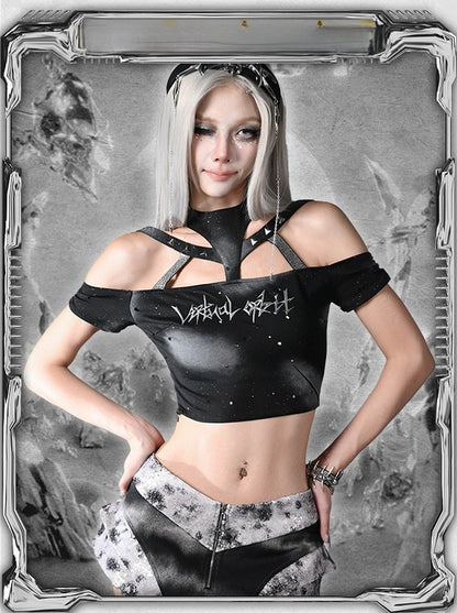 Y3K Fashion Futuristic Black Halter Neck Cyberpunk Cropped Top with Detachable Sleeves