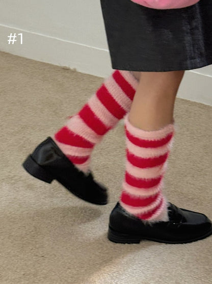 5 Options Y2K Striped Pattern Knitted Plush Leg Warmers