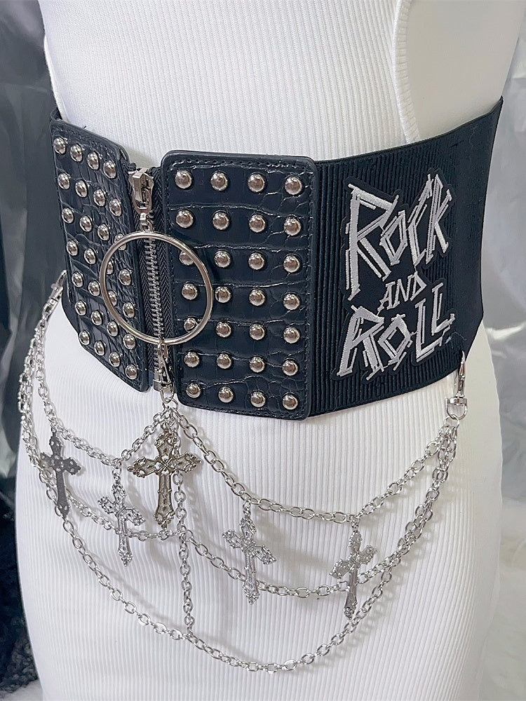Black Punk Studs Details Cross Charm Waist Corset Belt