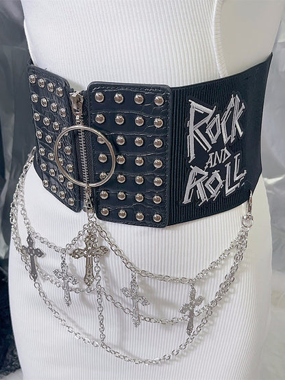 Black Punk Studs Details Cross Charm Waist Corset Belt
